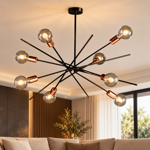 Plafoniera Moderna in Ferro Cromo Nero e Rame – Bonetti Illumina Bloom, 5, 7 e 8 Luci ambientata