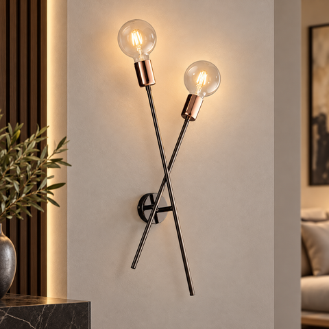Applique Moderna in Ferro Cromo Nero e Rame – Bonetti Illumina Bloom, 2 Luci ambientata