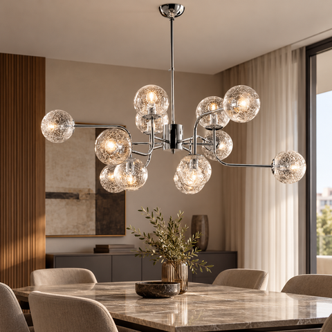 Lampada a Sospensione Moderna in Ferro Cromo Lucido con Sfere in Vetro – Bonetti Illumina Ikarus, 6, 8 e 12 Luci ambientata