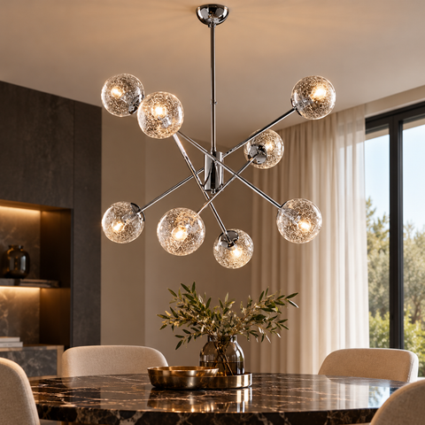 Lampada a Sospensione Moderna in Ferro Cromo Lucido con Sfere in Vetro – Bonetti Illumina Tresor, 6 e 8 Luci ambientata