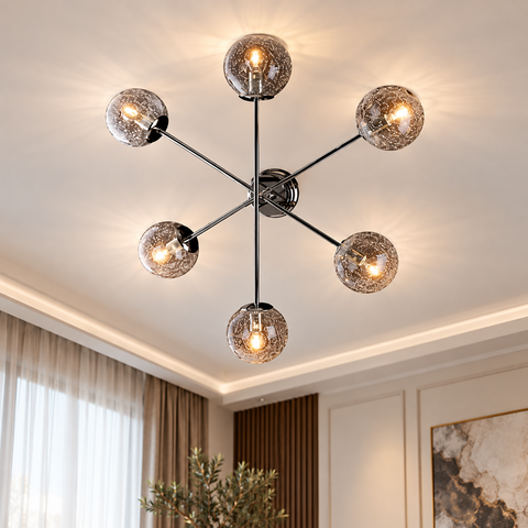 Plafoniera Moderna in Ferro Cromo Lucido con Sfere in Vetro – Bonetti Illumina Tresor, 6 Luci, Ø78 cm ambientata