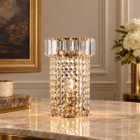 Lampada da Tavolo Classica in Ferro e Ottone Dorato con Strass – Bonetti Illumina Vladimir, 1 Luce, Ø18 cm ambientata