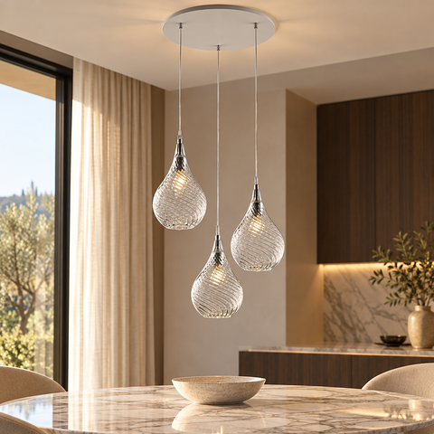 Lampada a Sospensione Moderna con Vetri Pyrex Trasparenti, Ambra o Grigi – Bonetti Illumina Pluvia, 1 e 3 Luci ambientata