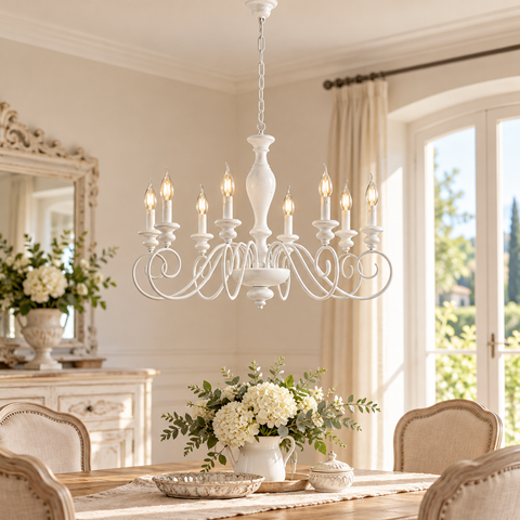 Lampadario Shabby Chic in Legno e Ferro Bianco o Tortora – Bonetti Illumina Cascina, 3, 5 e 8 Luci ambientata