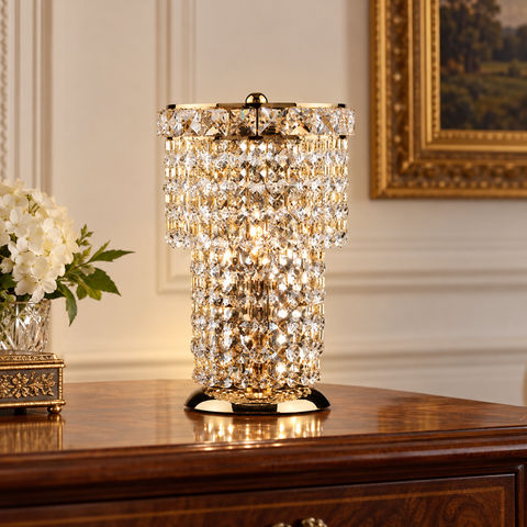 Lampada da Tavolo Classica in Ferro e Ottone Dorato con Strass – Bonetti Illumina Wagner, 1 Luce, Ø16 cm ambientata