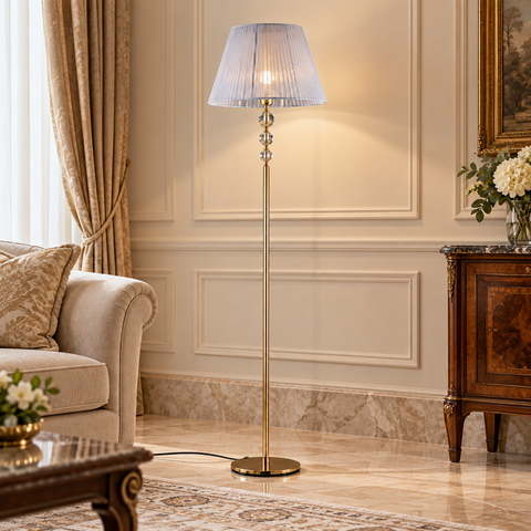 Lampada da Terra Classica in Ferro Dorato e Cristallo – Bonetti Illumina Ruben, 1 Luce, Ø45 cm ambientata