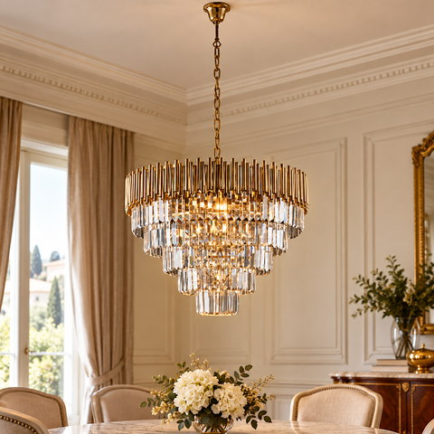 Lampadario Classico in Ferro Dorato con Strass – Bonetti Illumina Ravel, 9 Luci, Ø62 cm ambientata