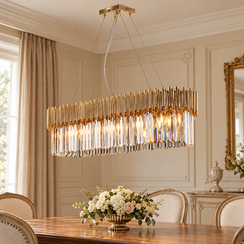Lampada a Sospensione Classica in Ferro Dorato con Strass – Bonetti Illumina Ravel, 8 Luci, 93x50 cm ambientata