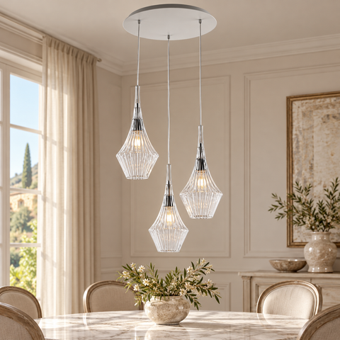 Lampada a Sospensione Moderna con Vetri Pyrex Trasparenti, Ambra o Grigi – Bonetti Illumina Zeus, 1 e 3 Luci ambientata