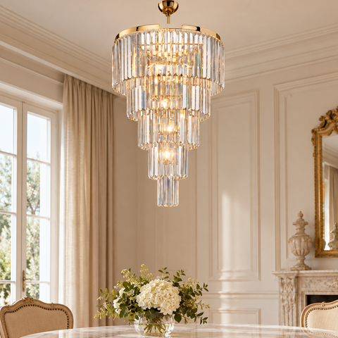 Lampada a Sospensione Classica in Ottone e Ferro Dorato con Strass – Bonetti Illumina Schubert, 7 Luci, Ø50 cm ambientata