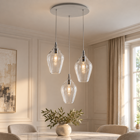 Lampada a Sospensione Moderna con Vetri Pyrex Trasparenti, Ambra o Grigi – Bonetti Illumina Ares, 1 e 3 Luci ambientata
