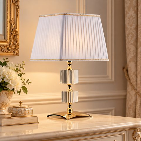 Lampada da Tavolo Classica in Ferro Dorato e Cristallo – Bonetti Illumina Franz, 1 Luce ambientata