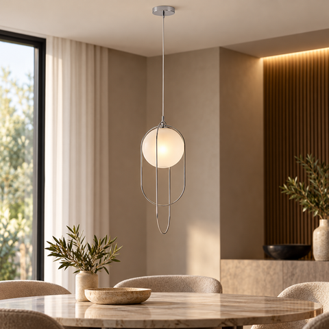 Lampada a Sospensione Moderna in Ferro con Sfera in Vetro – Bonetti Illumina Erik, 1 Luce, Ø23 cm ambientata
