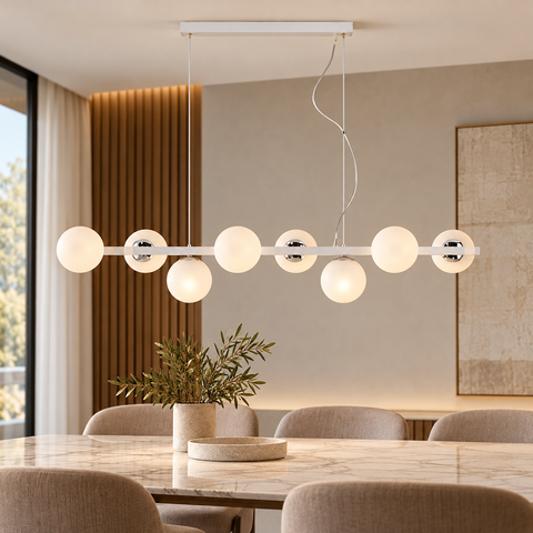 Lampada a Sospensione Moderna in Ferro Bianco e Cromo o Nero e Bronzo – Bonetti Illumina Adrian, 5, 6 e 8 Luci ambientata