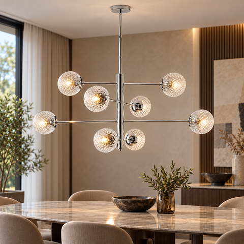 Lampada a Sospensione Moderna in Ferro Cromato o Bronzato con Sfere in Vetro – Bonetti Illumina Demetra, 6 e 8 Luci ambientata