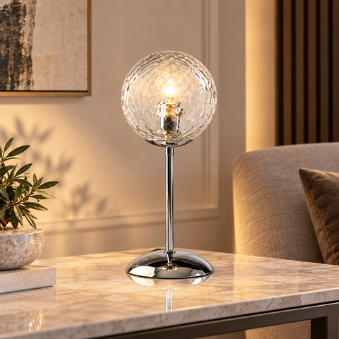 Lampada da Tavolo Moderna in Ferro Cromato o Bronzato con Sfere in Vetro – Bonetti Illumina Demetra, 1 Luce, Ø13 cm ambientata