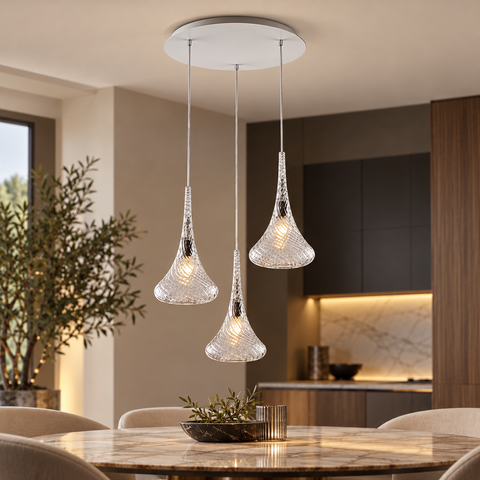 Lampada a Sospensione Moderna con Vetri Pyrex Trasparenti, Ambra o Grigi – Bonetti Illumina Nemesi, 1 e 3 Luci ambientata