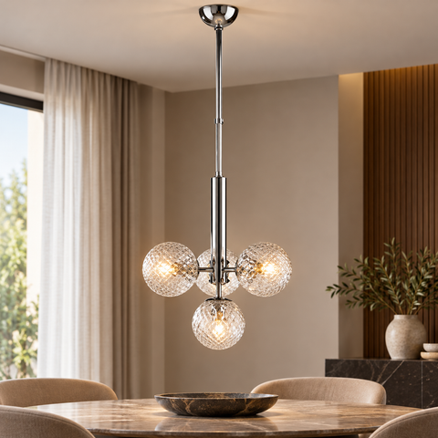 Lampada a Sospensione Moderna in Ferro Cromato o Bronzato con Sfere in Vetro – Bonetti Illumina Armonia, 4 Luci, Ø32 cm ambientata