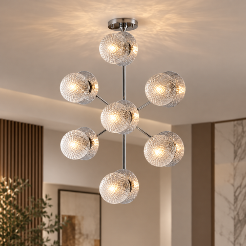 Plafoniera Moderna in Ferro Cromato o Bronzato con Sfere in Vetro – Bonetti Illumina Armonia, 5 e 7 Luci ambientata
