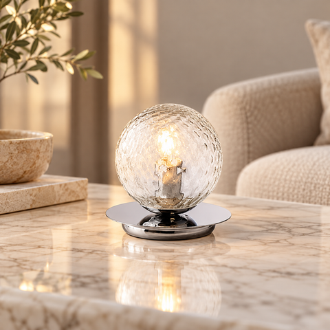 Lampada da Tavolo Moderna in Ferro Cromato o Bronzato con Sfere in Vetro – Bonetti Illumina Armonia, 1 Luce, Ø16 cm ambientata