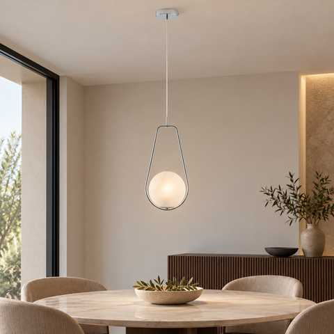Lampada a Sospensione Moderna in Ferro con Sfera in Vetro – Bonetti Illumina Afrodite, 1 Luce, Ø24 cm ambientata