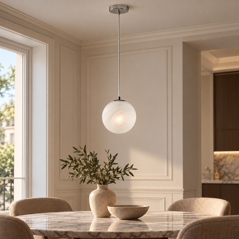 Lampada a Sospensione Moderna in Ferro con Sfera in Vetro – Bonetti Illumina Olaf, 1 Luce, Ø20 cm ambientata