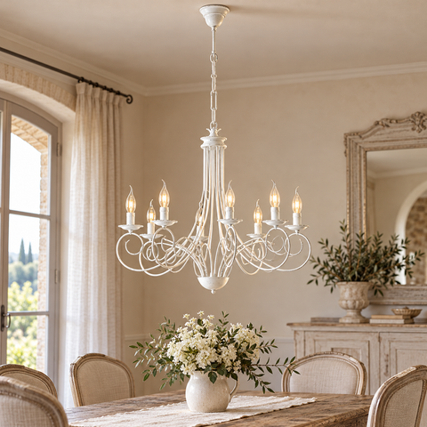 Lampadario Shabby Chic in Ferro Bianco Shabby o Nero e Rame – Be Light Alma, 3, 5 e 8 Luci ambientata