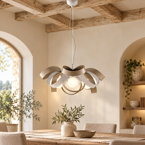 Lampada a Sospensione Country Chic in Ferro Bianco e Tortora o Grigio – Be Light Primula, 4 Luci, Ø66 cm ambientata