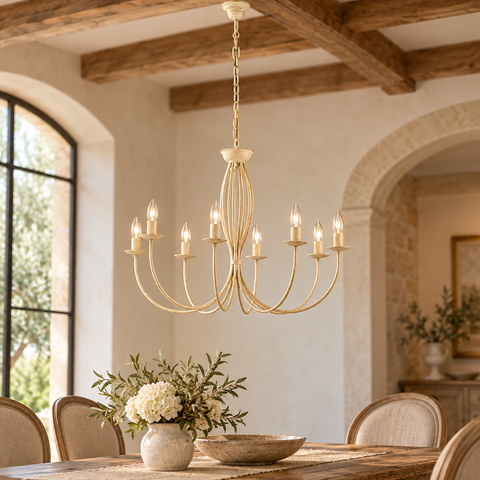 Lampadario Vintage in Ferro Avorio Decapé o Marrone e Oro – Be Light Botte, 3, 5 e 8 Luci ambientata