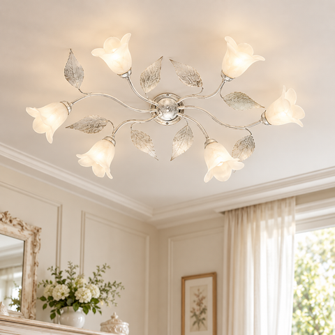 Plafoniera Shabby Chic in Ferro Bianco e Argento o Avorio e Oro con Vetri Alabastro – Be Light Olga, 3, 5 e 6 Luci ambientata