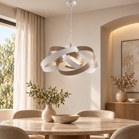 Lampada a Sospensione Moderna in Ferro Bianco e Tortora o Grigio – Be Light Vertigo, 1 Luce, Ø54 cm ambientata