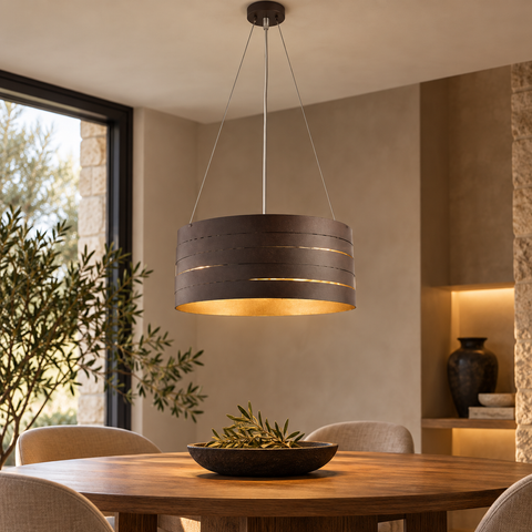 Lampada a Sospensione Industrial in Ferro con Decori Oro, Argento, Rame o Ruggine – Be Light Mambo, 3 Luci, Ø45 cm ambientata