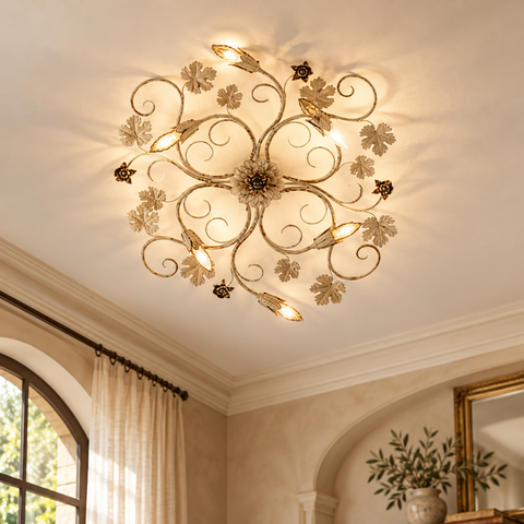 Plafoniera Vintage in Ferro Avorio o Marrone e Oro – Be Light Iris, 2, 4 e 6 Luci ambientata
