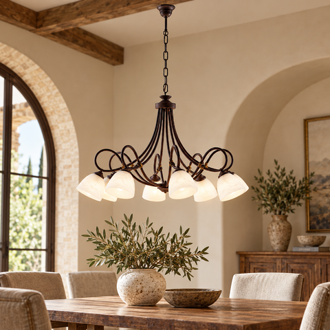 Lampadario Vintage in Ferro Nero Ruggine o Avorio Decapé con Vetri Alabastro – Be Light Dallas, 1, 2, 3, 5 e 8 Luci ambientata