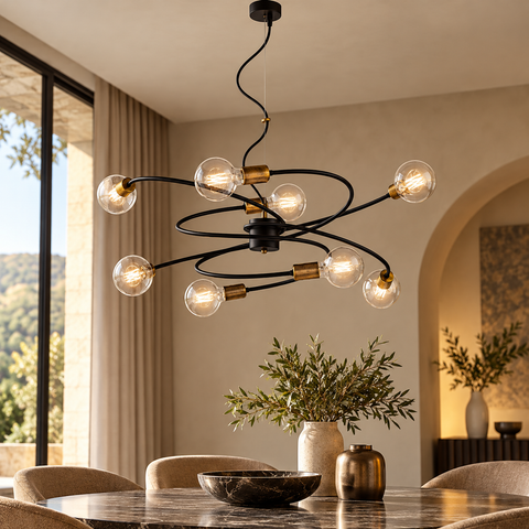 Lampada a Sospensione Moderna in Ferro Nero e Ottone Brunito – Be Light Vortex, 6 e 8 Luci ambientata
