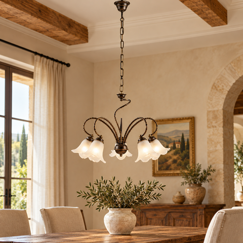 Lampadario Vintage in Ferro Marrone o Avorio e Oro con Vetri Alabastro – Be Light Alice, 3 e 5 Luci ambientata