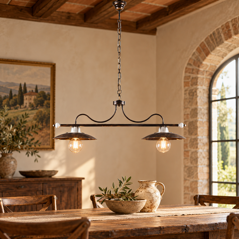 Lampadario Vintage in Ferro Marrone e Oro o Bianco e Argento – Be Light Cantina, 2 Luci, 87x30 cm ambientata