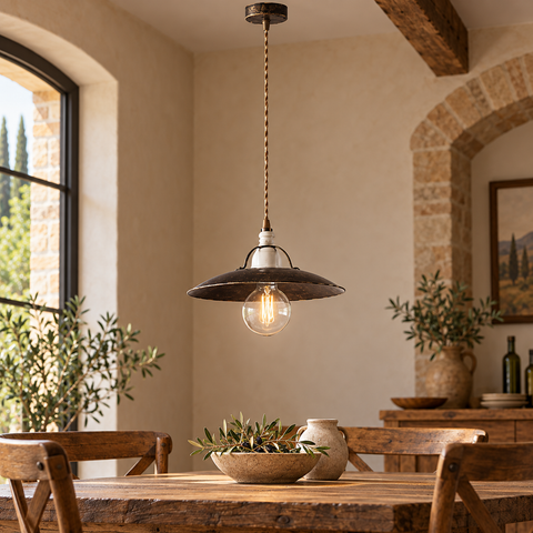 Lampada a Sospensione Vintage in Ferro Marrone e Oro o Bianco e Argento – Be Light Cantina, 1 Luce, Ø30 cm ambientata