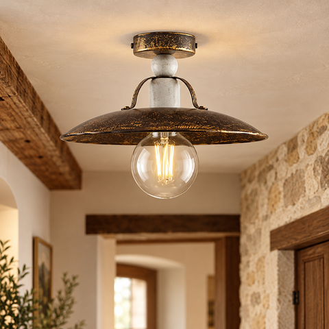 Plafoniera Vintage in Ferro Marrone e Oro o Bianco e Argento – Be Light Cantina, 1 Luce, Ø30 cm ambientata