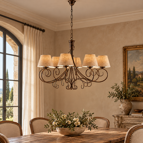 Lampadario Vintage in Ferro Marrone o Avorio e Oro con Paralumi Effetto Juta – Be Light Vienna, 3, 5 e 8 Luci ambientata