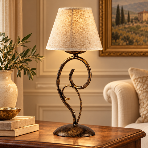 Lampada da Tavolo Vintage in Ferro Marrone o Avorio e Oro con Paralumi Effetto Juta – Be Light Vienna, 1 Luce, Ø16 cm ambientata