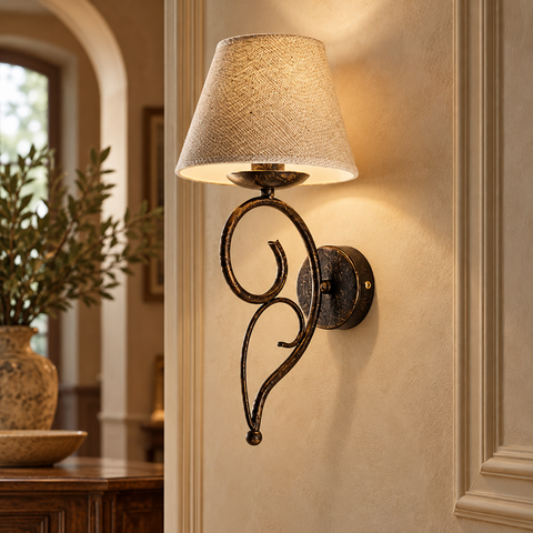 Applique Vintage in Ferro Marrone o Avorio e Oro con Paralumi Effetto Juta – Be Light Vienna, 1 Luce ambientata