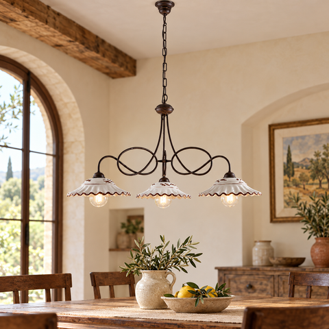 Lampadario Vintage in Ferro con Diffusori in Ceramica – Be Light Bistrot, 1, 2 e 3 Luci ambientata