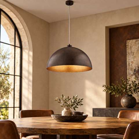 Lampada a Sospensione Industrial in Ferro con Decori Oro, Argento, Rame o Ruggine – Be Light Marcus, 1 Luce ambientata