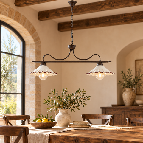 Lampadario Vintage in Ferro con Diffusori in Ceramica Traforata – Be Light Osteria, 2 Luci, 83x30 cm ambientata