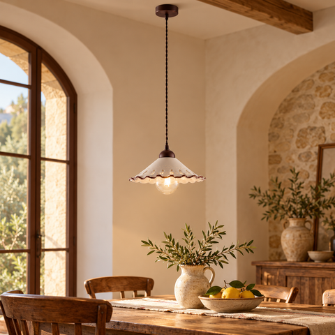 Lampada a Sospensione Vintage in Ferro con Diffusori in Ceramica Traforata – Be Light Osteria, 1 Luce, Ø30 cm ambientata