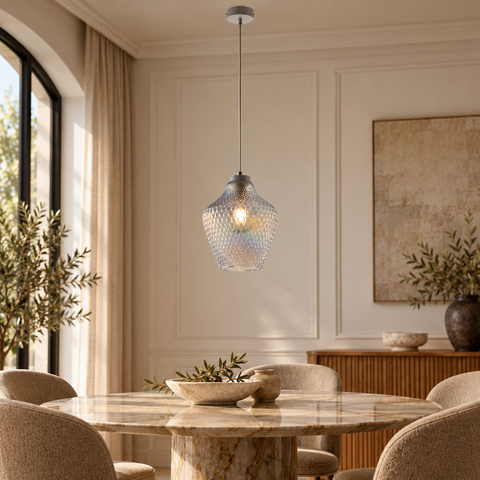 Lampada a Sospensione Moderna con Vetro Soffiato Trasparente, Grigio o Ambra – Be Light Maya, 1 e 3 Luci ambientata