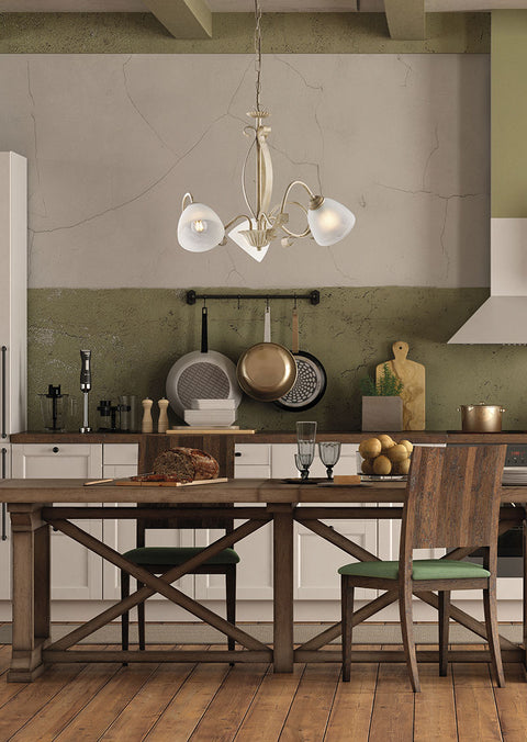 Lampadario Vintage in Ferro Marrone o Avorio e Oro con Vetri Alabastro – Be Light Forgiato, 3 e 5 Luci ambientata - foto ufficiale Bonetti