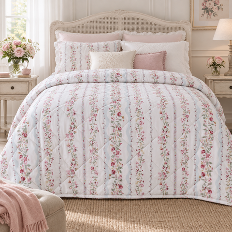 Trapunta Matrimoniale Floreale Bianco e Rosa 330 GSM – Hiver Fleuri by Blanc Mariclò, 260x260cm