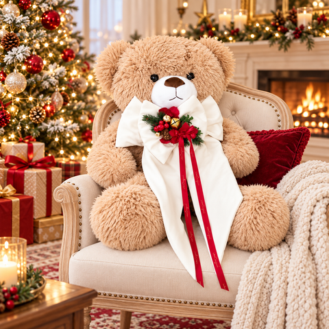 Teddy Bear Orso Peluche con Fiocco in Velluto e Composizione Natalizia – Linea Teddy by Mata Creazioni, H 60 cm